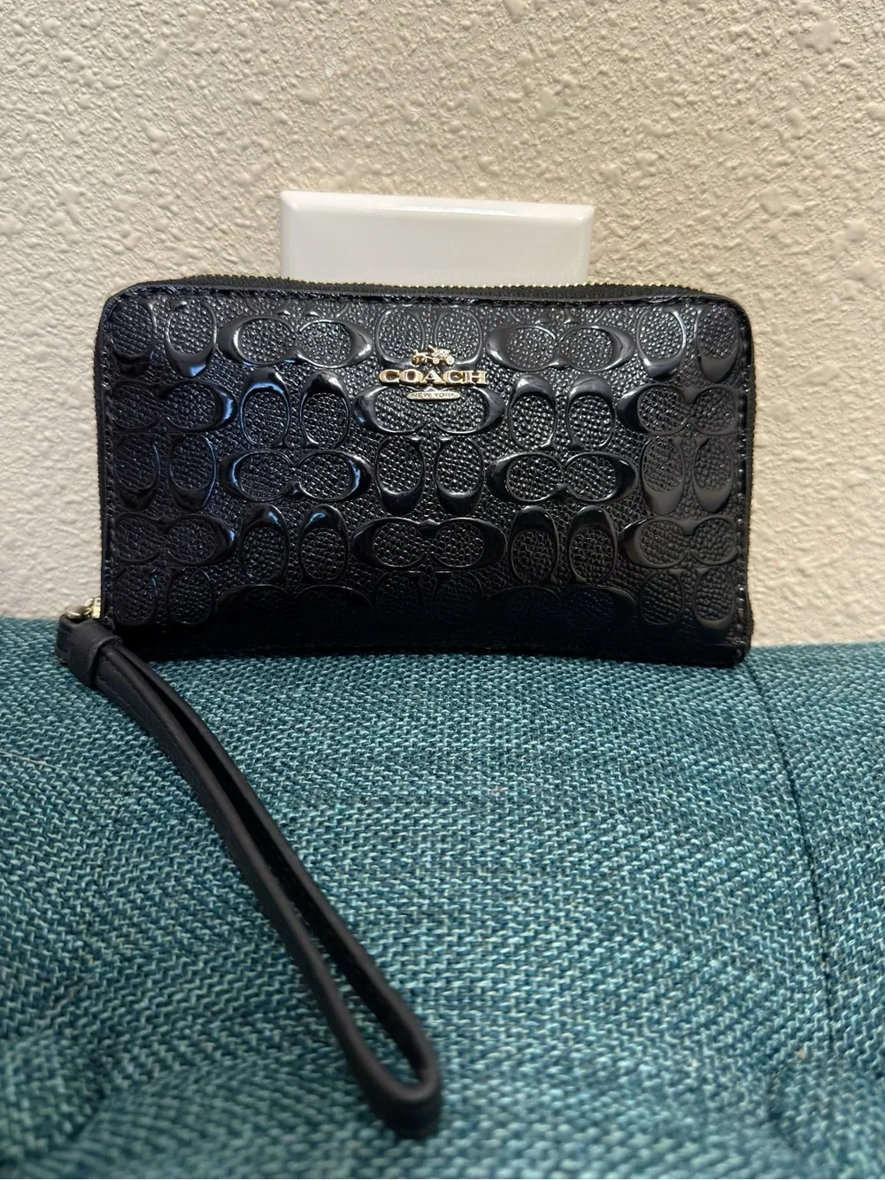Coach Black Patent Signature Wristlet with Gold Logo